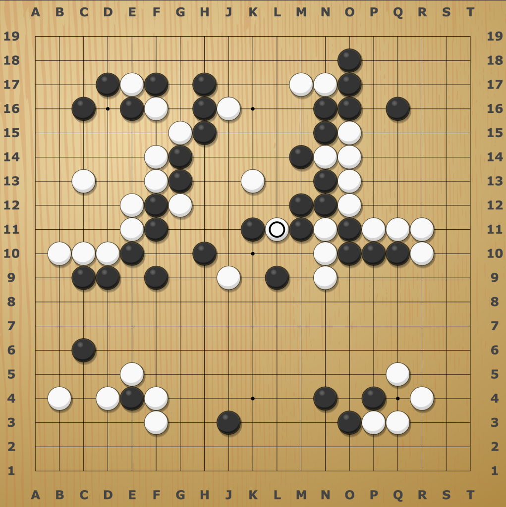 A go board showing the 4th game between AlphaGo and Lee Sedol at move #78