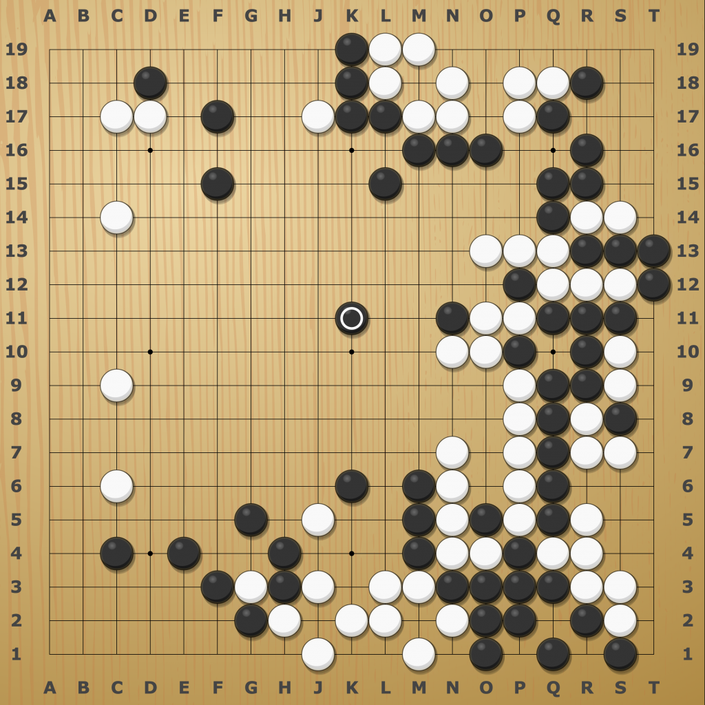 A go board showing the "ear-reddening" game, stopped on move 127 AKA "the ear-reddening move."